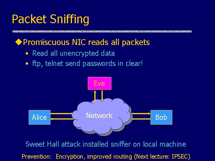 Packet Sniffing u. Promiscuous NIC reads all packets • Read all unencrypted data •