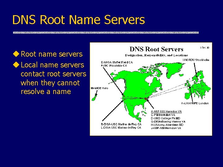 DNS Root Name Servers u Root name servers u Local name servers contact root
