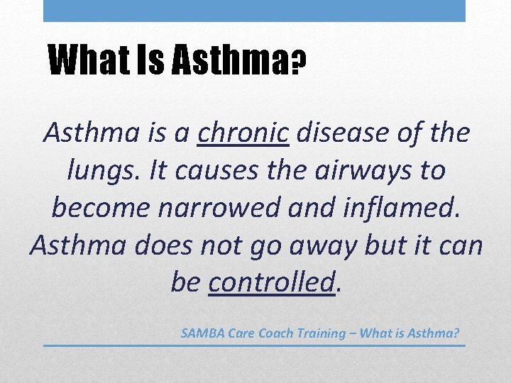 What Is Asthma? Asthma is a chronic disease of the lungs. It causes the