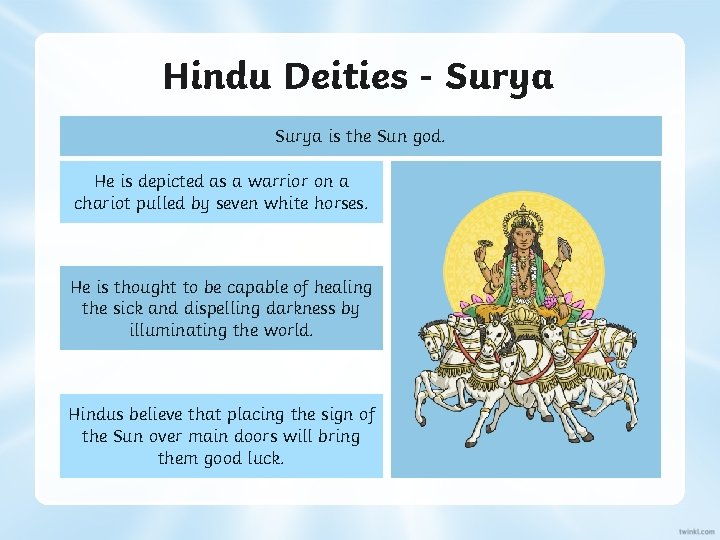 Hindu Deities - Surya is the Sun god. He is depicted as a warrior