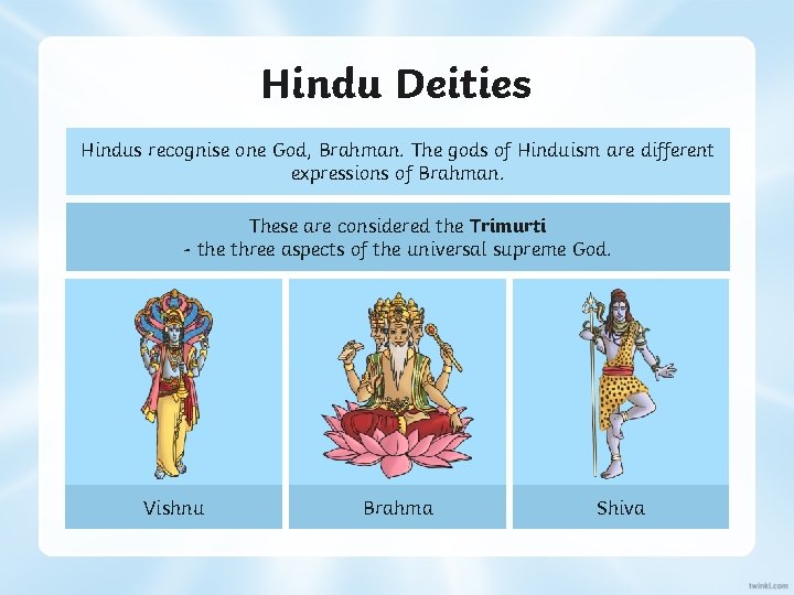 Hindu Deities Hindus recognise one God, Brahman. The gods of Hinduism are different expressions