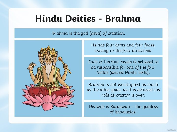 Hindu Deities - Brahma is the god (deva) of creation. He has four arms