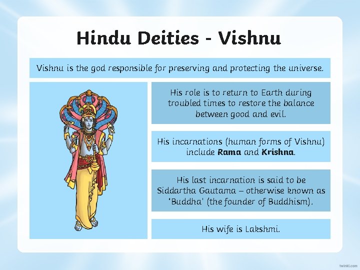 Hindu Deities - Vishnu is the god responsible for preserving and protecting the universe.