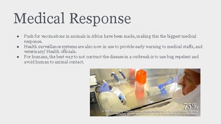 Medical Response ● ● ● Push for vaccinations in animals in Africa have been