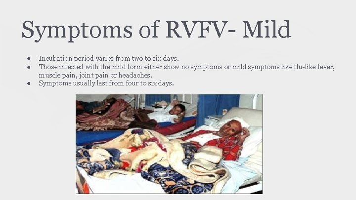 Symptoms of RVFV- Mild ● ● ● Incubation period varies from two to six