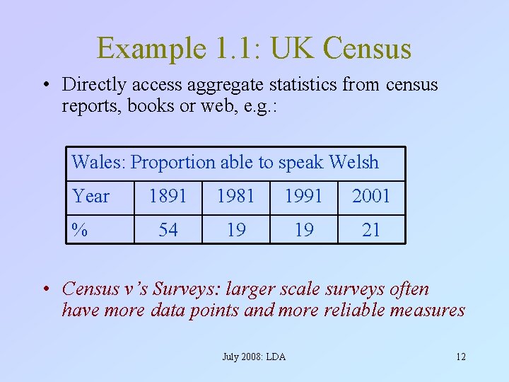Example 1. 1: UK Census • Directly access aggregate statistics from census reports, books