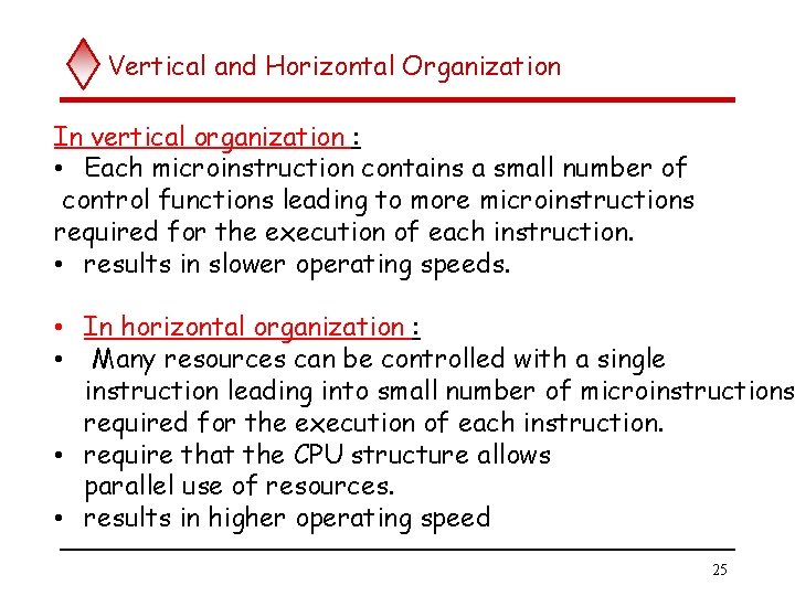 Vertical and Horizontal Organization In vertical organization : • Each microinstruction contains a small