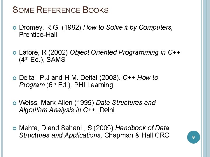 SOME REFERENCE BOOKS Dromey, R. G. (1982) How to Solve it by Computers, Prentice-Hall SOME REFERENCE BOOKS Dromey, R. G. (1982) How to Solve it by Computers, Prentice-Hall
