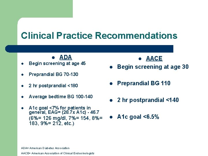 Clinical Practice Recommendations l l ADA Begin screening at age 45 l Preprandial BG