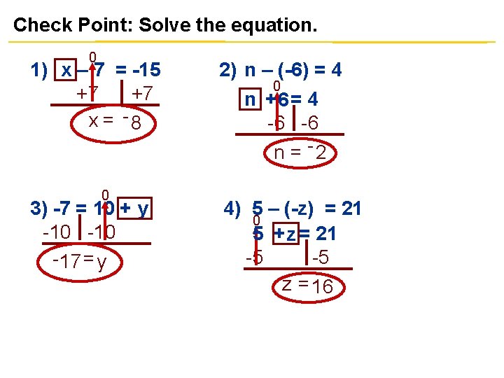 Check Point: Solve the equation. 0 1) x – 7 = -15 +7 +7