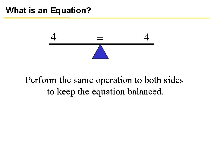 What is an Equation? 4 = 4 Perform the same operation to both sides