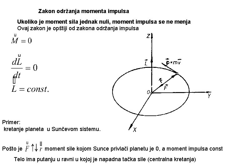 Zakon održanja momenta impulsa Ukoliko je moment sila jednak nuli, moment impulsa se ne