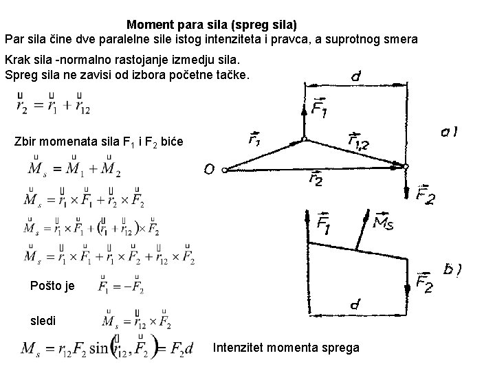 Moment para sila (spreg sila) Par sila čine dve paralelne sile istog intenziteta i