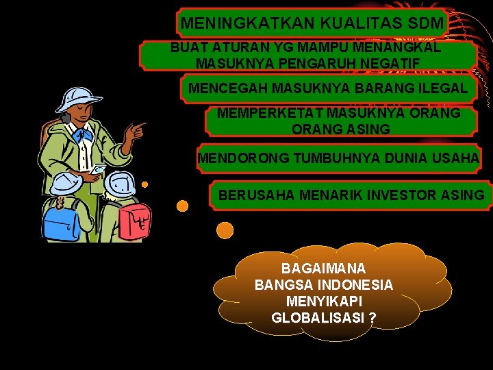 MENINGKATKAN KUALITAS SDM BUAT ATURAN YG MAMPU MENANGKAL MASUKNYA PENGARUH NEGATIF MENCEGAH MASUKNYA BARANG