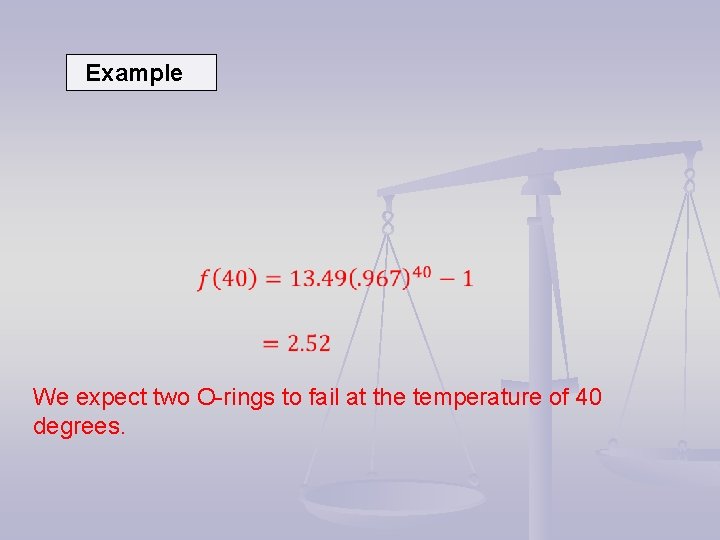 Example We expect two O-rings to fail at the temperature of 40 degrees. Example We expect two O-rings to fail at the temperature of 40 degrees.