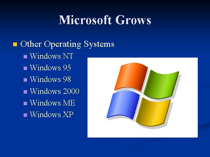 Microsoft Grows n Other Operating Systems Windows NT n Windows 95 n Windows 98