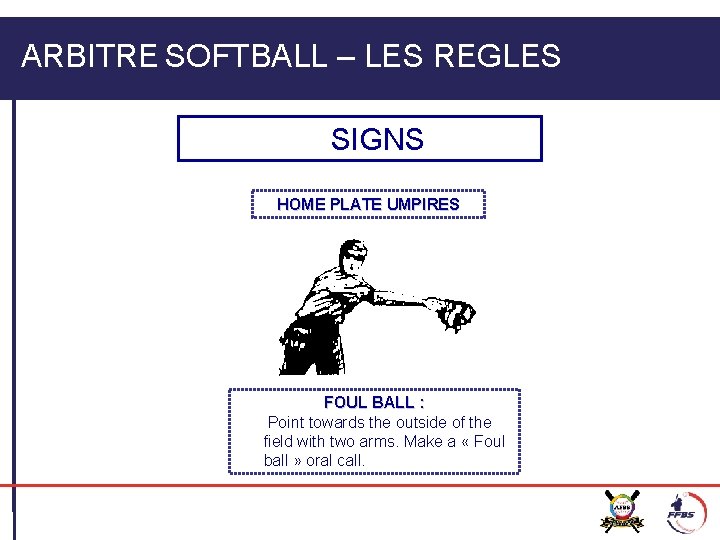 ARBITRE SOFTBALL – LES REGLES SIGNS HOME PLATE UMPIRES FOUL BALL : Point towards