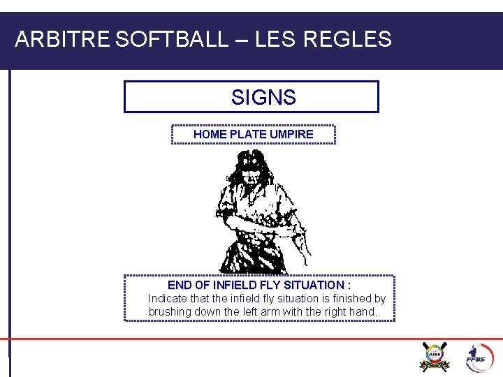 ARBITRE SOFTBALL – LES REGLES SIGNS HOME PLATE UMPIRE END OF INFIELD FLY SITUATION