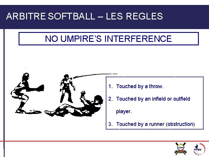ARBITRE SOFTBALL – LES REGLES NO UMPIRE’S INTERFERENCE 1. Touched by a throw. 2.