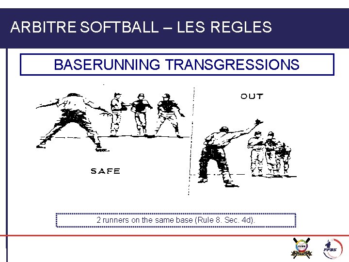 ARBITRE SOFTBALL – LES REGLES BASERUNNING TRANSGRESSIONS 2 runners on the same base (Rule