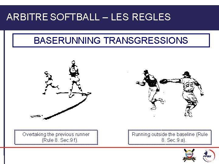 ARBITRE SOFTBALL – LES REGLES BASERUNNING TRANSGRESSIONS Overtaking the previous runner (Rule 8. Sec.