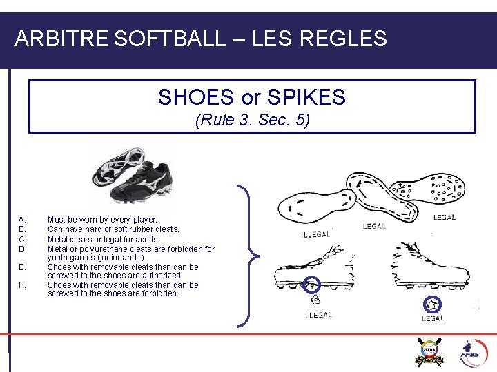 ARBITRE SOFTBALL – LES REGLES SHOES or SPIKES (Rule 3. Sec. 5) A. B.