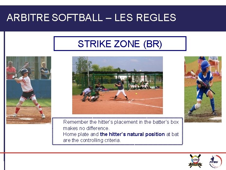 ARBITRE SOFTBALL – LES REGLES STRIKE ZONE (BR) Remember the hitter’s placement in the