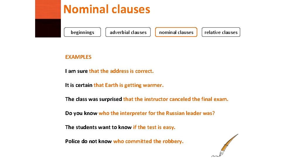 Nominal clauses beginnings adverbial clauses nominal clauses relative clauses EXAMPLES I am sure that