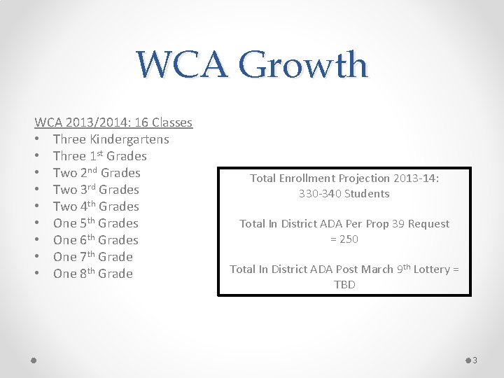 WCA Growth WCA 2013/2014: 16 Classes • Three Kindergartens • Three 1 st Grades