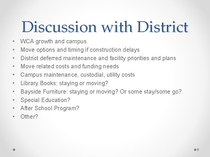 Discussion with District • • • WCA growth and campus Move options and timing