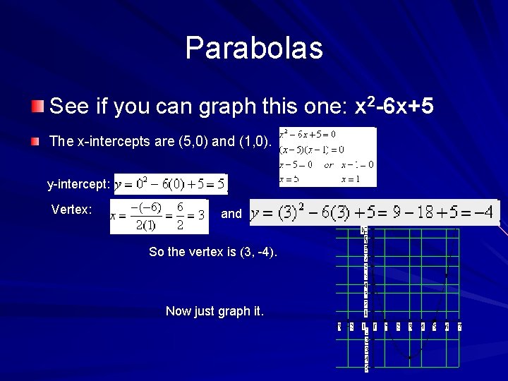 Parabolas See if you can graph this one: x 2 -6 x+5 The x-intercepts