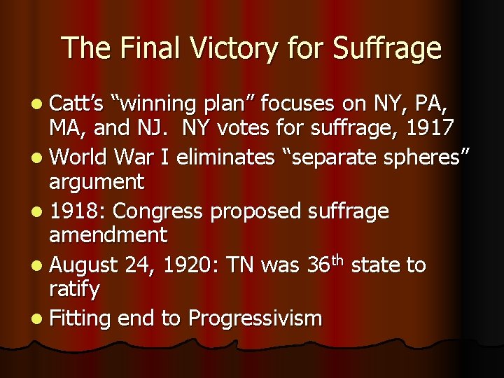 The Final Victory for Suffrage l Catt’s “winning plan” focuses on NY, PA, MA,