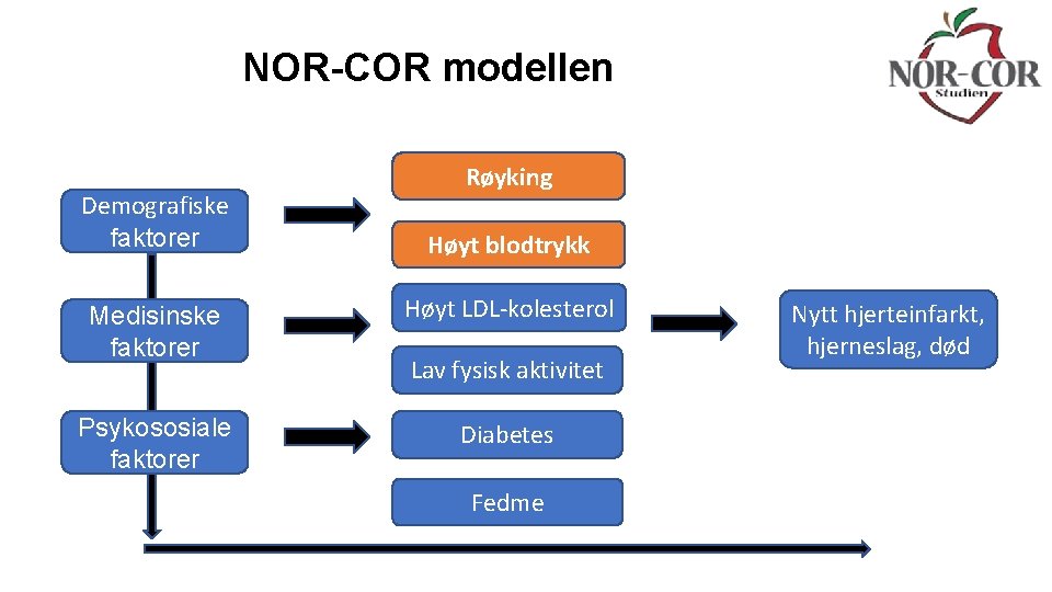 NOR-COR modellen Demografiske faktorer Røyking Høyt blodtrykk Medisinske faktorer Høyt LDL-kolesterol Psykososiale faktorer Diabetes