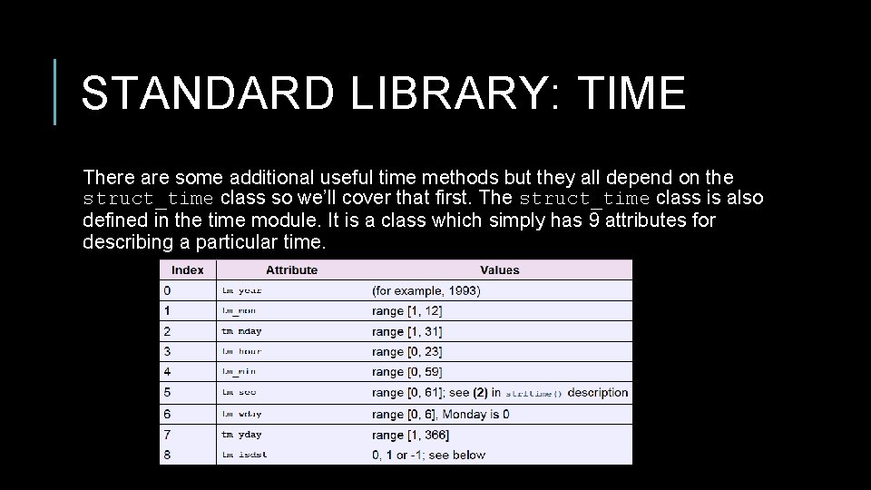 STANDARD LIBRARY: TIME There are some additional useful time methods but they all depend STANDARD LIBRARY: TIME There are some additional useful time methods but they all depend
