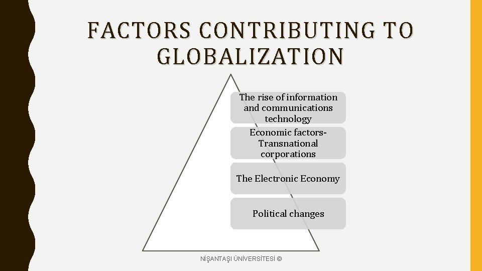 FACTORS CONTRIBUTING TO GLOBALIZATION The rise of information and communications technology Economic factors. Transnational