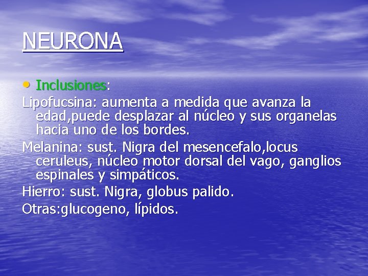 NEURONA • Inclusiones: Lipofucsina: aumenta a medida que avanza la edad, puede desplazar al