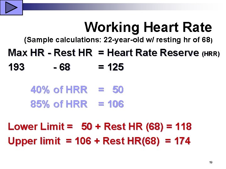 Working Heart Rate (Sample calculations: 22 -year-old w/ resting hr of 68) Max HR