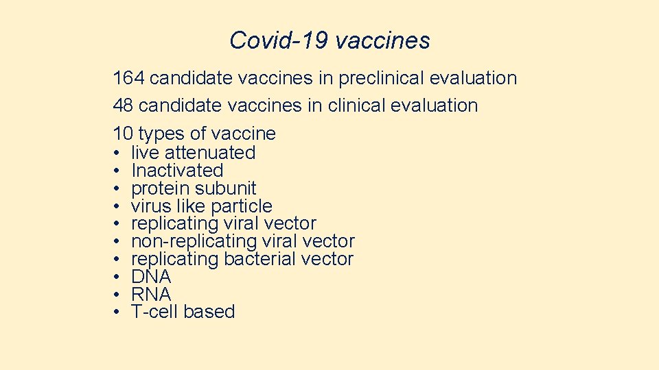 Covid-19 vaccines 164 candidate vaccines in preclinical evaluation 48 candidate vaccines in clinical evaluation