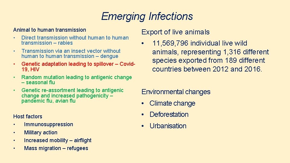 Emerging Infections Animal to human transmission • Direct transmission without human to human transmission