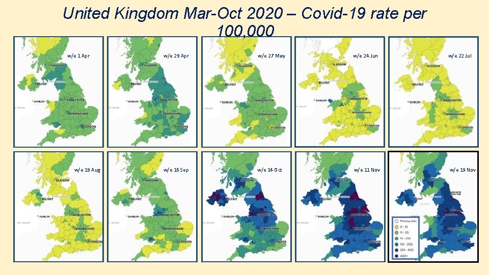 United Kingdom Mar-Oct 2020 – Covid-19 rate per 100, 000 w/e 1 Apr w/e