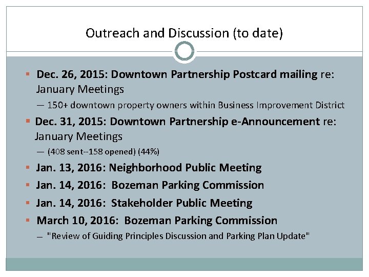 Outreach and Discussion (to date) § Dec. 26, 2015: Downtown Partnership Postcard mailing re: