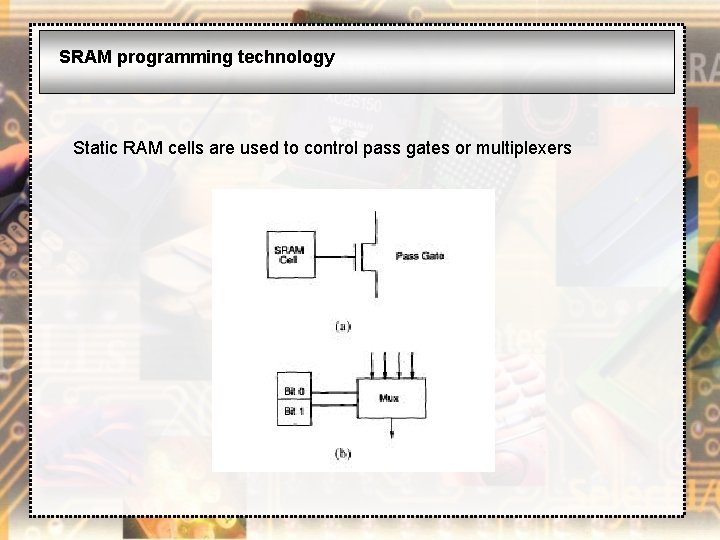 SRAM programming technology Static RAM cells are used to control pass gates or multiplexers