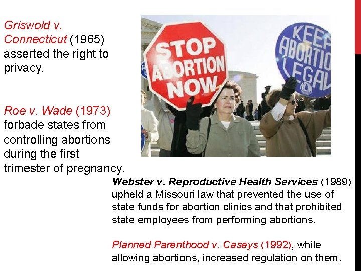 Griswold v. Connecticut (1965) asserted the right to privacy. Roe v. Wade (1973) forbade