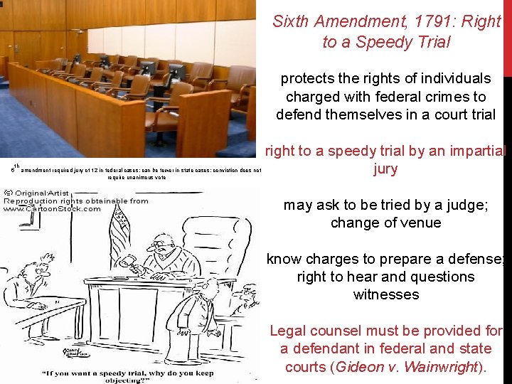 Sixth Amendment, 1791: Right to a Speedy Trial protects the rights of individuals charged