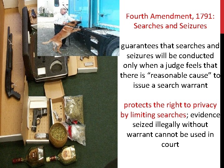 Fourth Amendment, 1791: Searches and Seizures guarantees that searches and seizures will be conducted