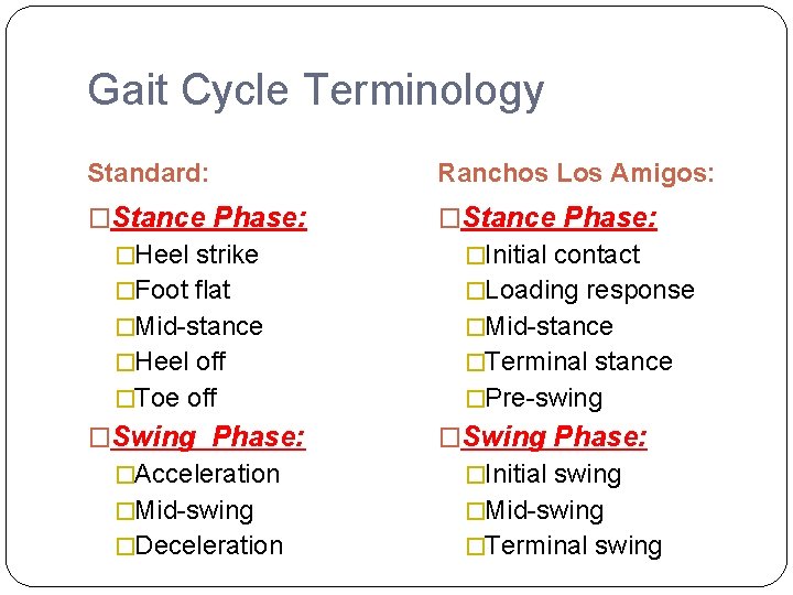 Gait Cycle Terminology Standard: Ranchos Los Amigos: �Stance Phase: �Heel strike �Initial contact �Foot