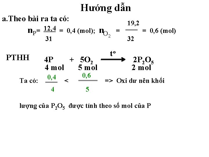 Hướng dẫn a. Theo bài ra ta có: n P= PTHH Ta có: 12,