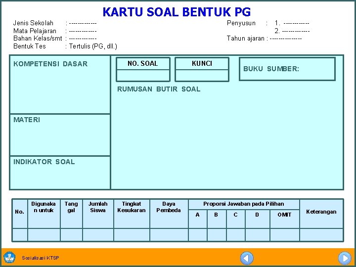 KARTU SOAL BENTUK PG Jenis Sekolah Mata Pelajaran Bahan Kelas/smt Bentuk Tes : ------------: