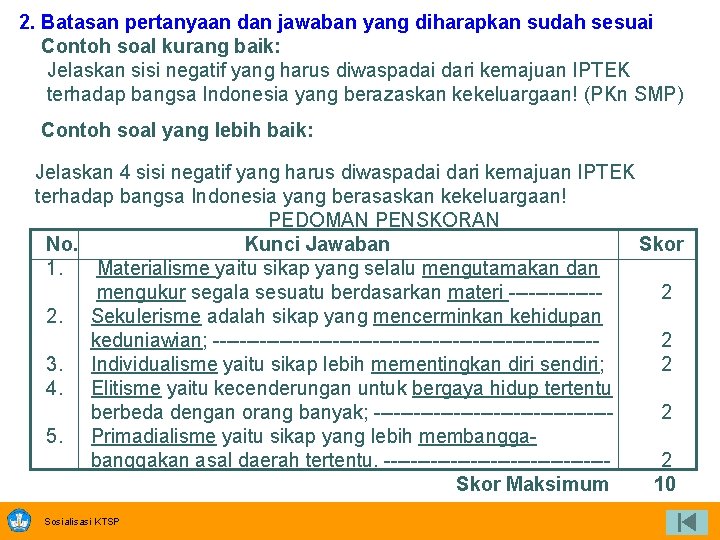 2. Batasan pertanyaan dan jawaban yang diharapkan sudah sesuai Contoh soal kurang baik: Jelaskan