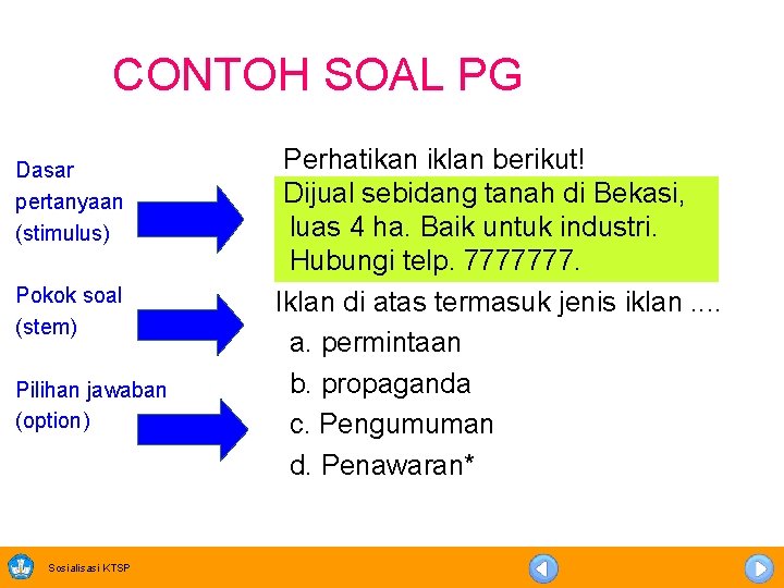 CONTOH SOAL PG Dasar pertanyaan (stimulus) Pokok soal (stem) Pilihan jawaban (option) Sosialisasi KTSP